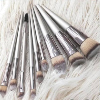 Factory Price Free Sample 8pcs Cosmetic Brush Kits Silver Plastic Handle Synthetic Makeup Brushes Set